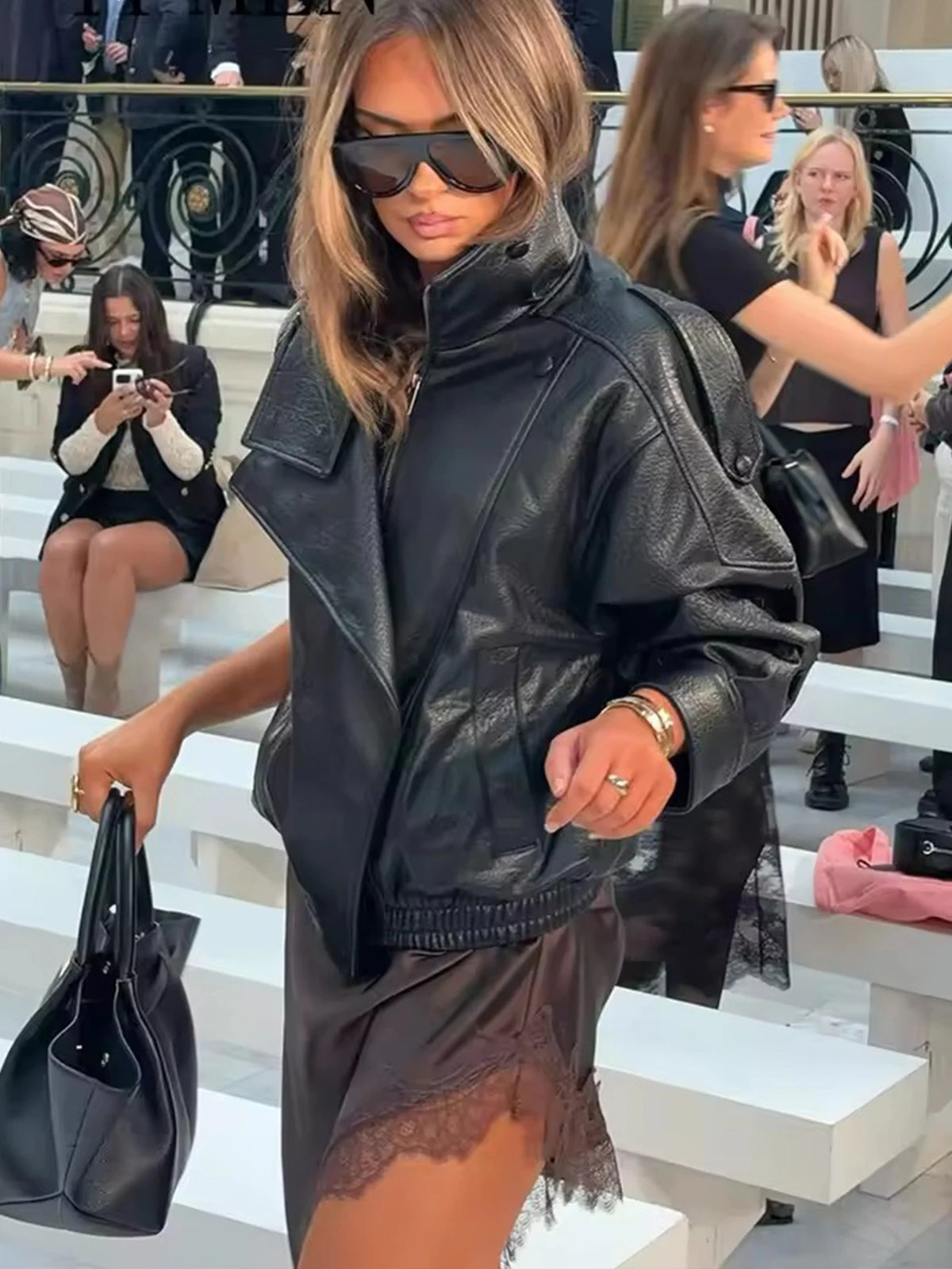TFMLN Chic Black Faux Leather Jackets Women Long Sleeve