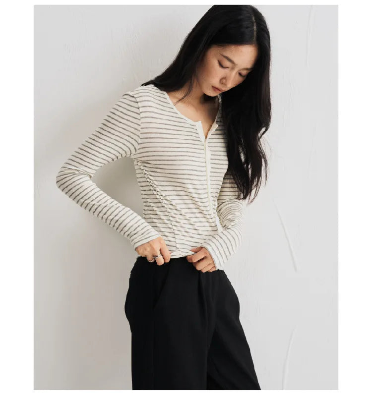 Silk Wool Basic Shirt For Women Autumn Winter Round Button Neck Slim Knitwear
