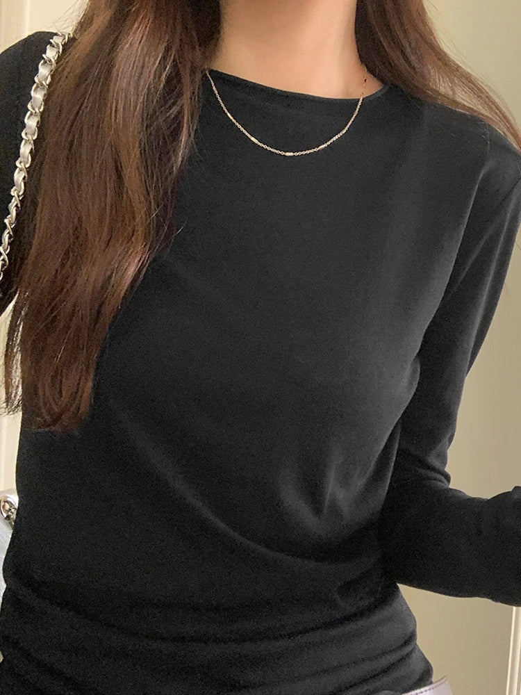 Spring T shirt Women Tops Solid Long Sleeve Ruched O Neck Tshirts Female