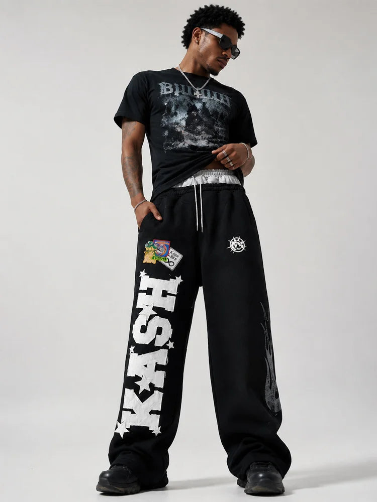 Autumn and winter Fashion High Street Ins Fashion Loose Straight Emboidered Printed Casual Pants