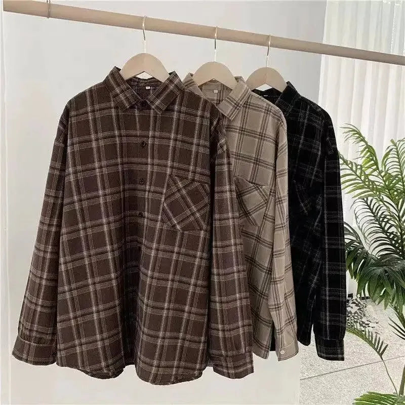 Vintage Plaid Shirts Women Autumn Long Sleeve Oversize Button Up
