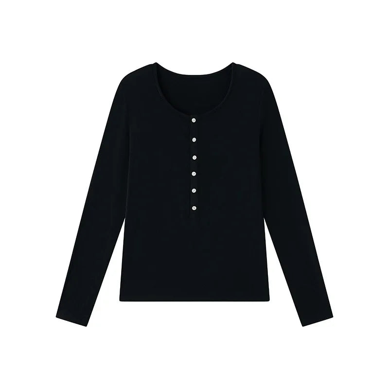 Silk Wool Basic Shirt For Women Autumn Winter Round Button Neck Slim Knitwear