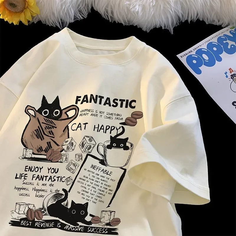 New Men Women T Shirt Pullover Oversize Korean version Cartoon Cat Group