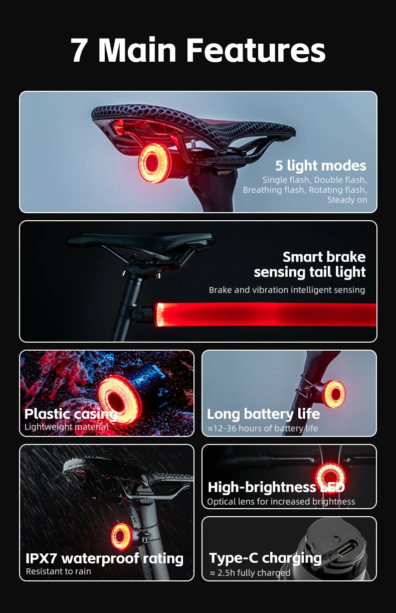 ROCKBROS Smart Bike Tail Light Bicycle Rear Lights IPX6 Waterproof