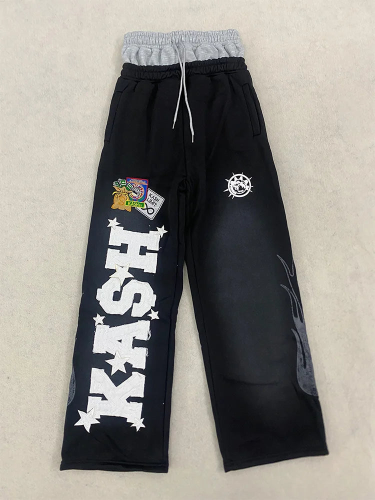 Autumn and winter Fashion High Street Ins Fashion Loose Straight Emboidered Printed Casual Pants