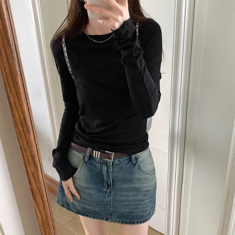 Spring T shirt Women Tops Solid Long Sleeve Ruched O Neck Tshirts Female