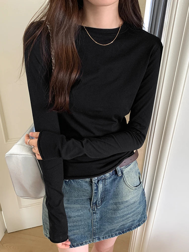 Spring T shirt Women Tops Solid Long Sleeve Ruched O Neck Tshirts Female