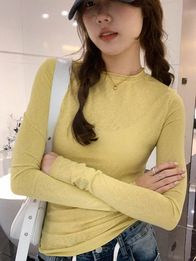 Spring T shirt Women Tops Solid Long Sleeve Ruched O Neck Tshirts Female