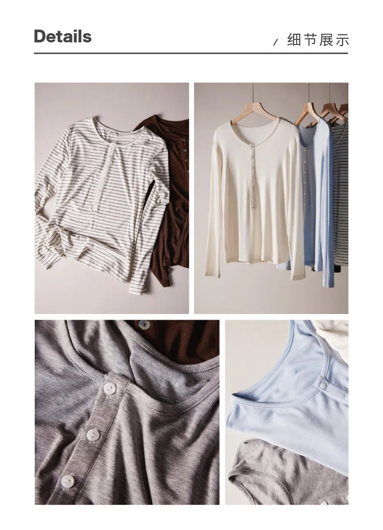 Silk Wool Basic Shirt For Women Autumn Winter Round Button Neck Slim Knitwear