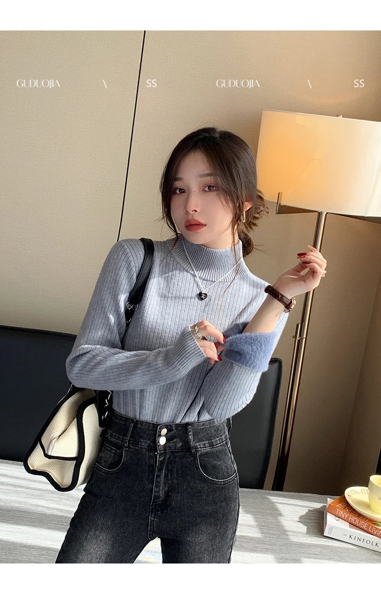 Women's Turtleneck Sweater Winter 2026 Retro with Velvet