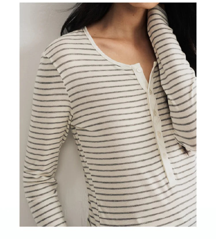 Silk Wool Basic Shirt For Women Autumn Winter Round Button Neck Slim Knitwear