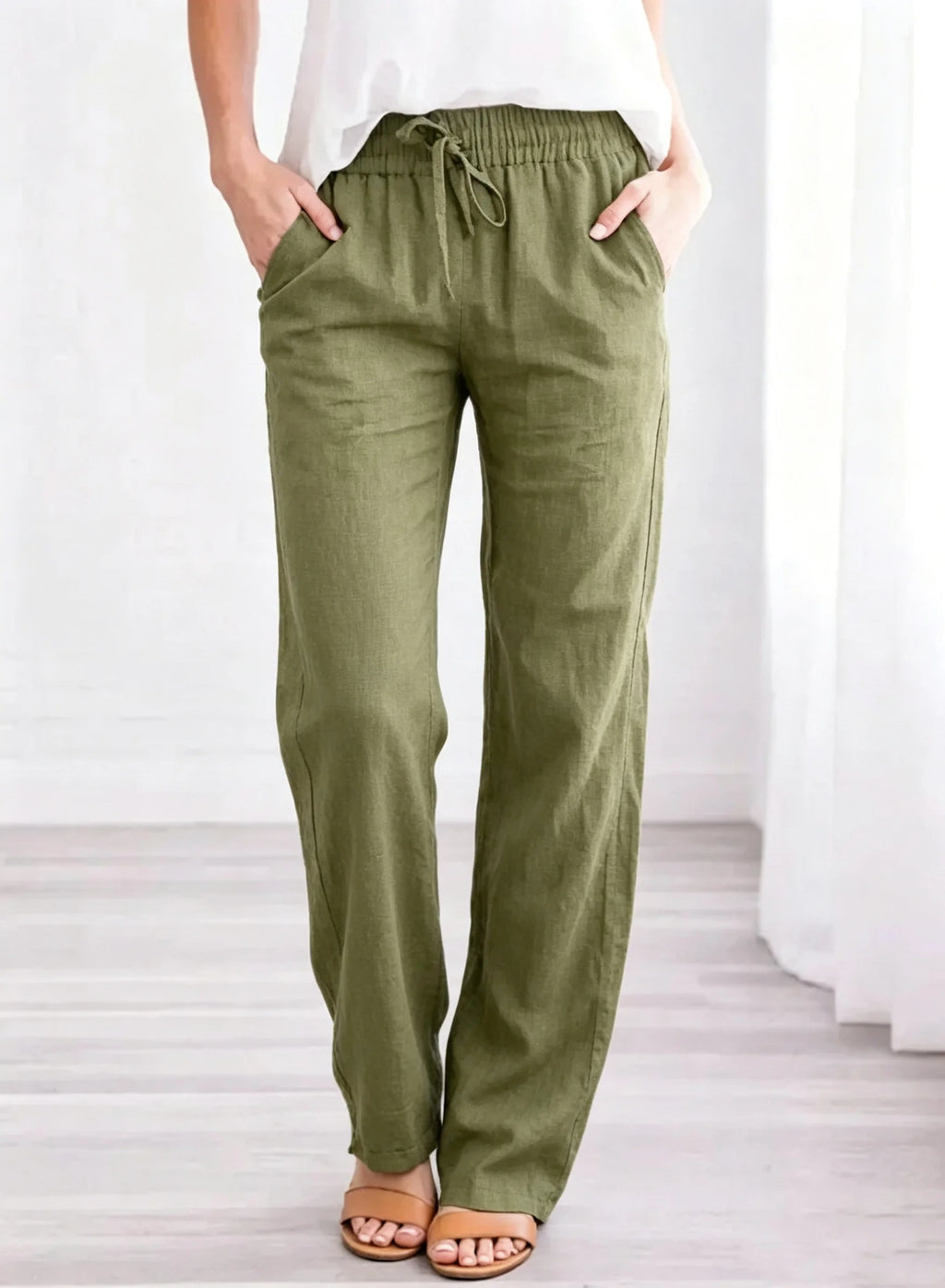 Women 100% Cotton  Drawstring Pants Elastic Waist Casual Solid Color Trousers Baggy