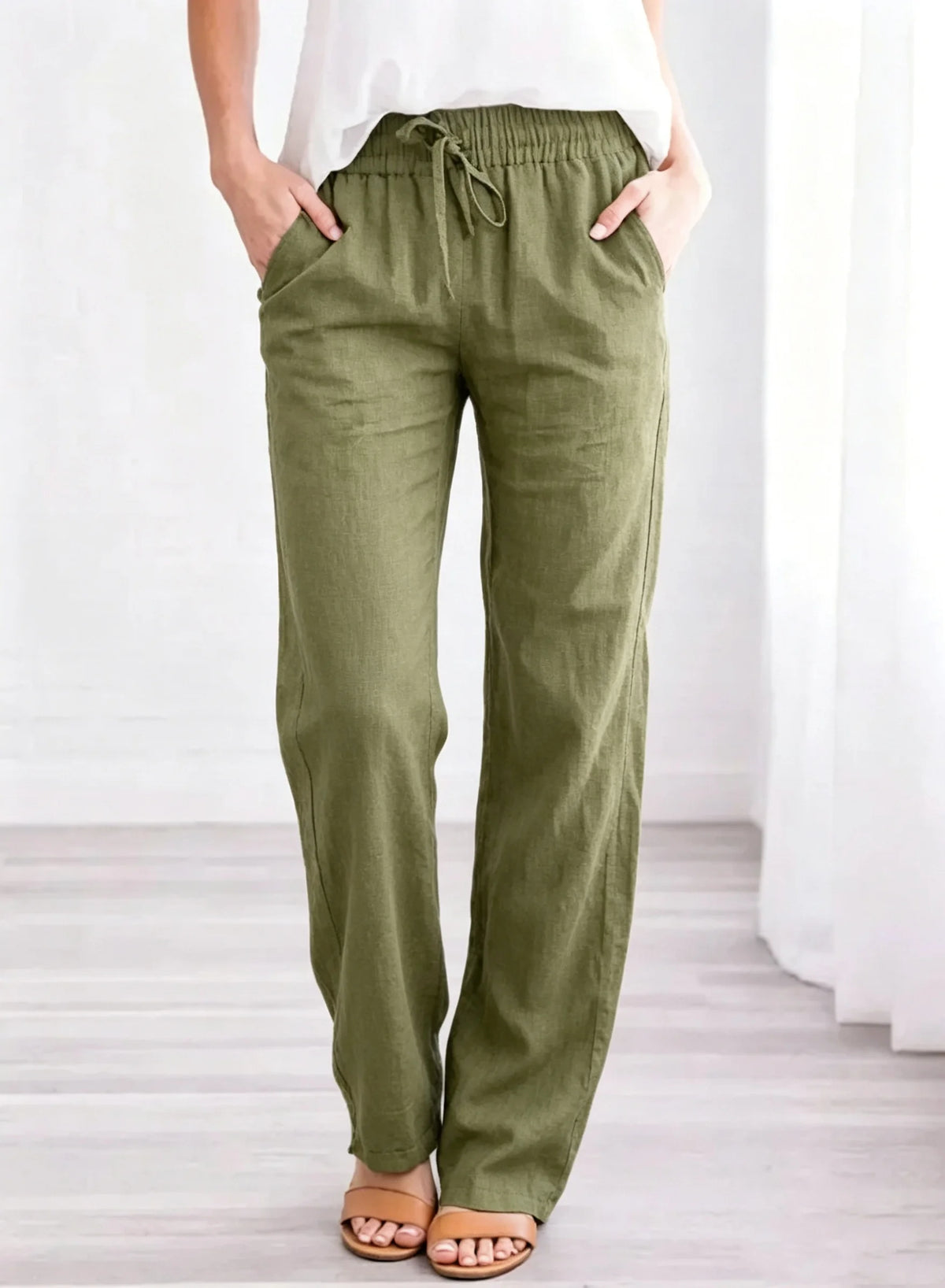 Women 100% Cotton  Drawstring Pants Elastic Waist Casual Solid Color Trousers Baggy