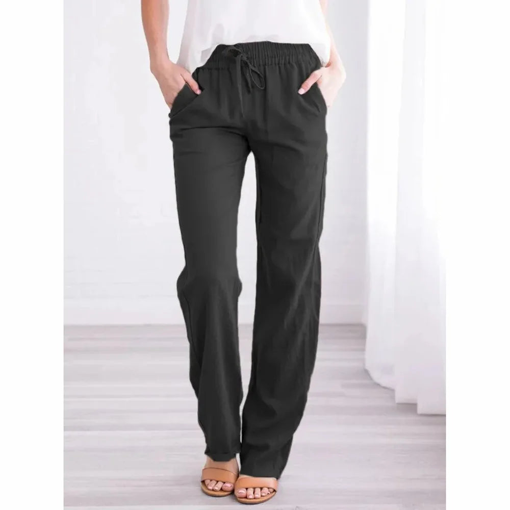 Women 100% Cotton  Drawstring Pants Elastic Waist Casual Solid Color Trousers Baggy