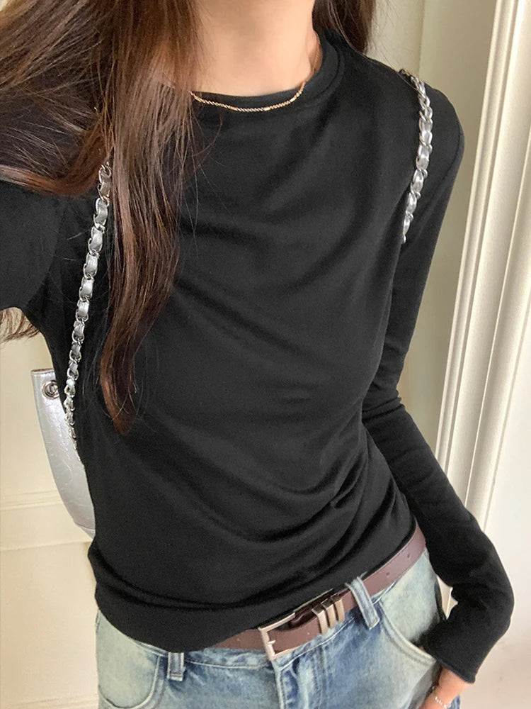 Spring T shirt Women Tops Solid Long Sleeve Ruched O Neck Tshirts Female