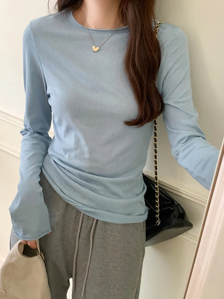 Spring T shirt Women Tops Solid Long Sleeve Ruched O Neck Tshirts Female