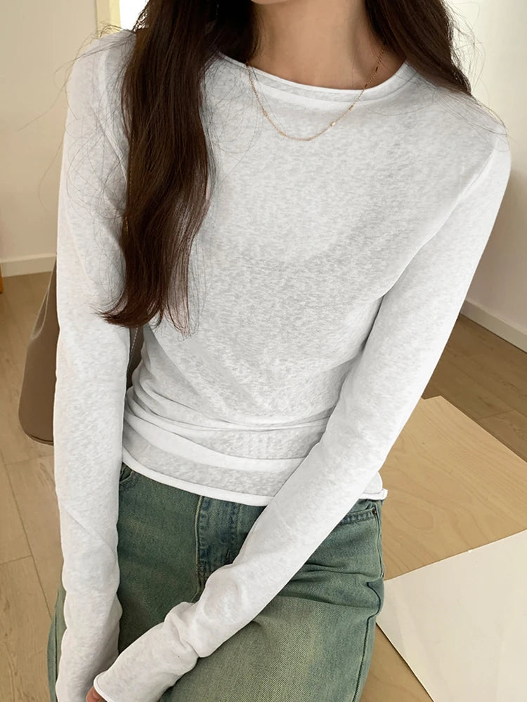 Spring T shirt Women Tops Solid Long Sleeve Ruched O Neck Tshirts Female