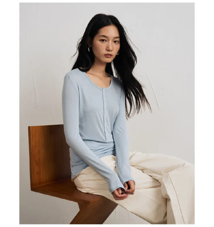 Silk Wool Basic Shirt For Women Autumn Winter Round Button Neck Slim Knitwear