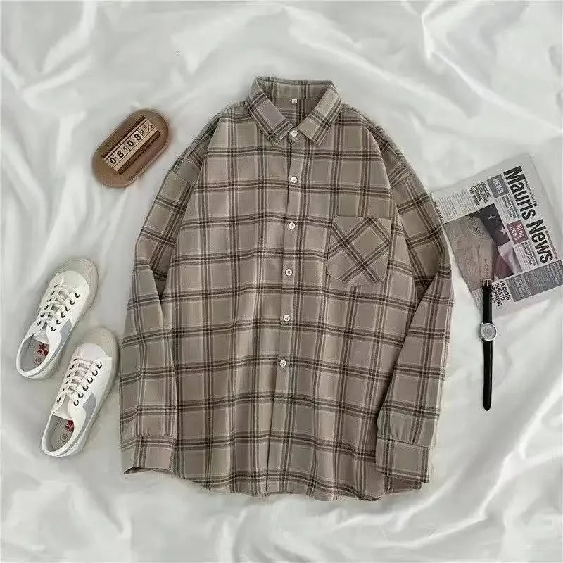 Vintage Plaid Shirts Women Autumn Long Sleeve Oversize Button Up