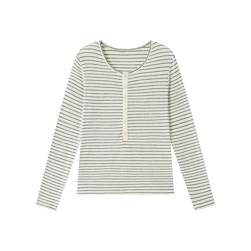 Silk Wool Basic Shirt For Women Autumn Winter Round Button Neck Slim Knitwear