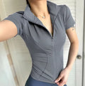 Summer Solid Zipper Slimming Coat Women Short Sleeve Stand Collar
