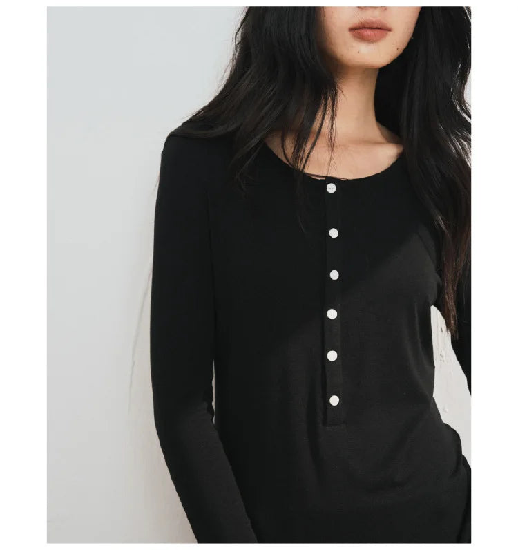 Silk Wool Basic Shirt For Women Autumn Winter Round Button Neck Slim Knitwear