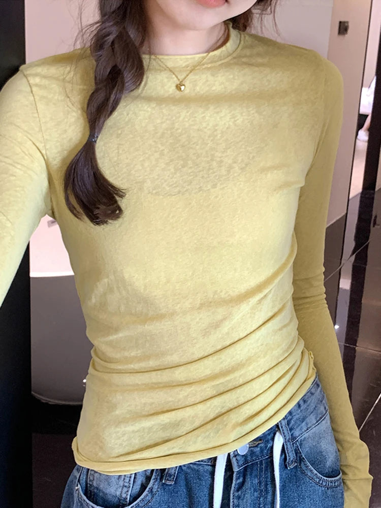 Spring T shirt Women Tops Solid Long Sleeve Ruched O Neck Tshirts Female
