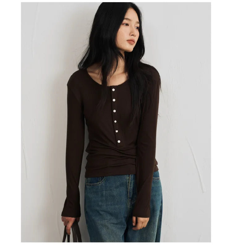 Silk Wool Basic Shirt For Women Autumn Winter Round Button Neck Slim Knitwear