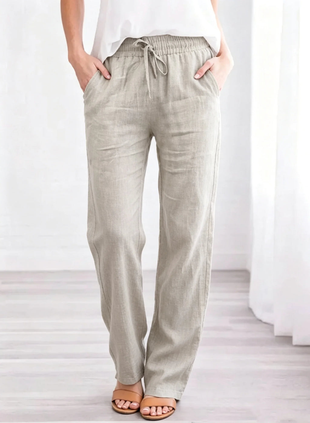 Women 100% Cotton  Drawstring Pants Elastic Waist Casual Solid Color Trousers Baggy