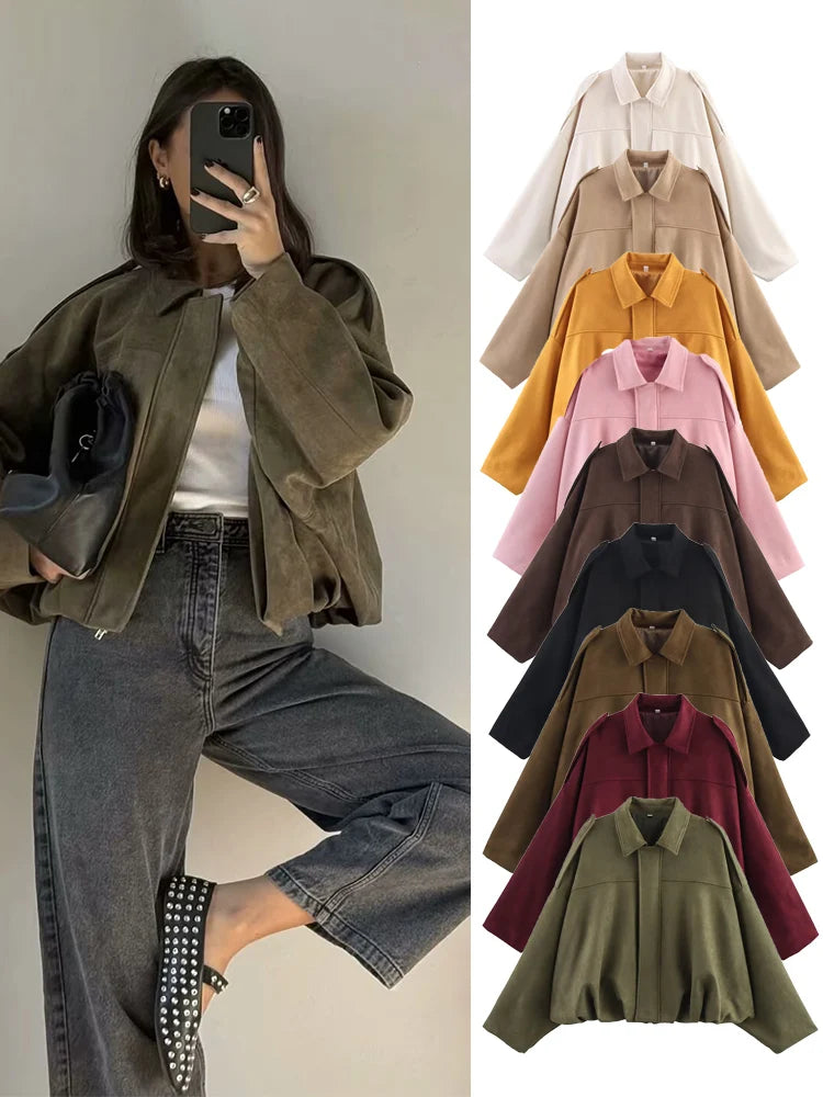 Women Suede Bomber Jacket Spring New Fashion Long Sleeve Zipper
