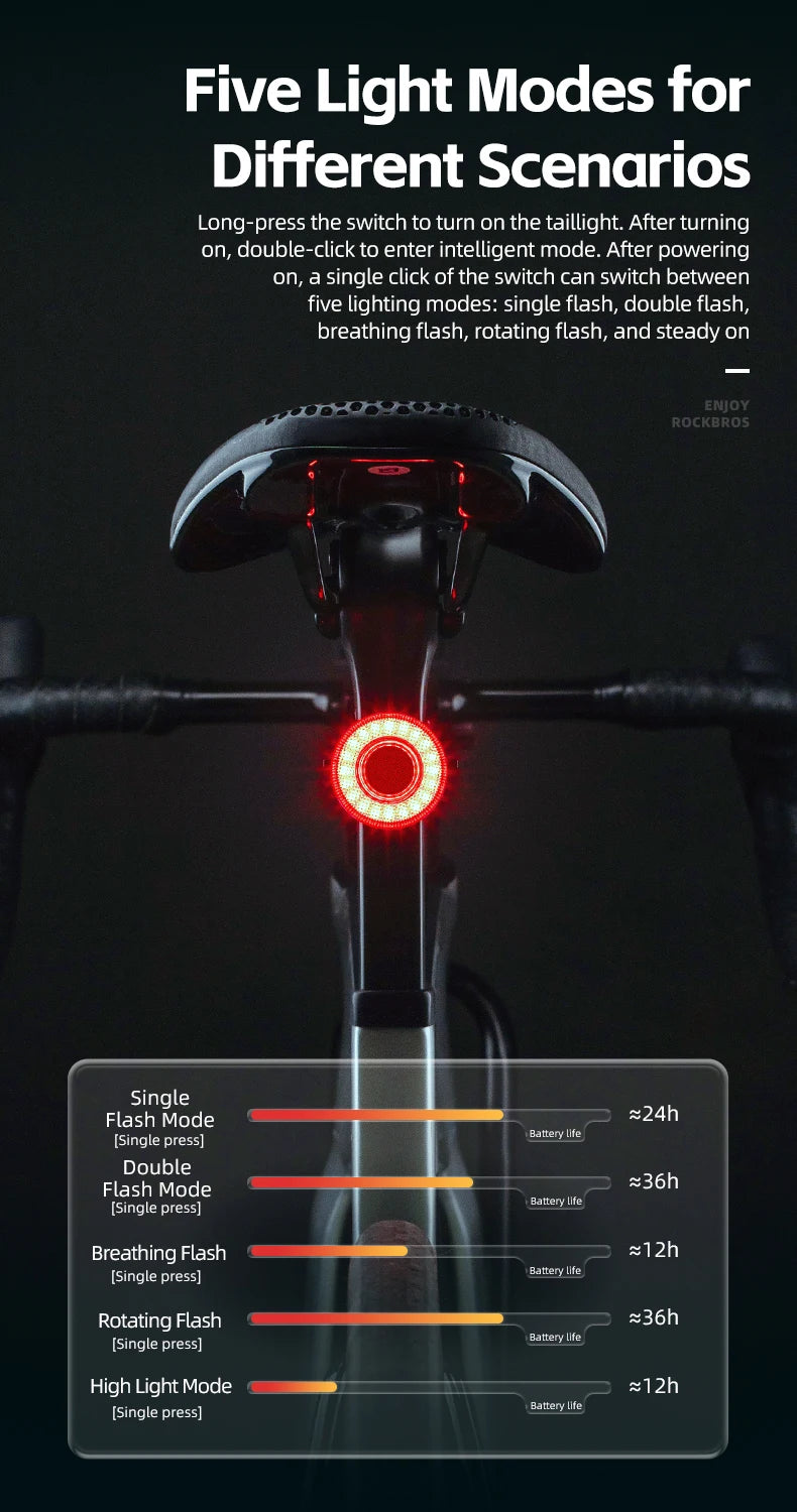 ROCKBROS Smart Bike Tail Light Bicycle Rear Lights IPX6 Waterproof