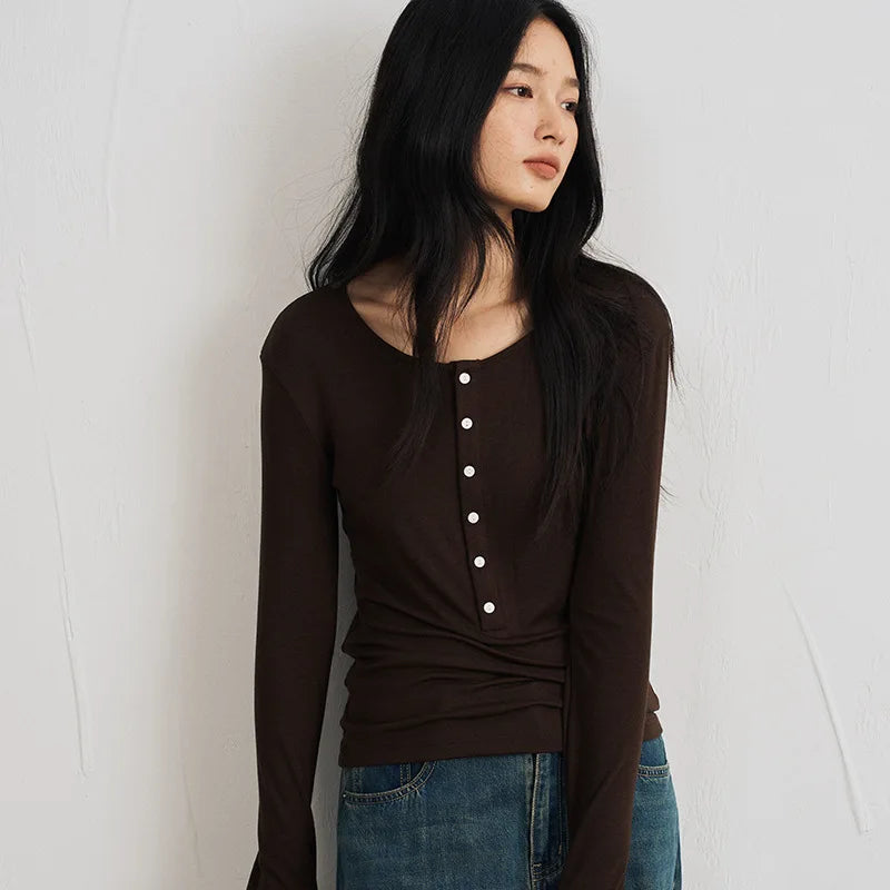 Silk Wool Basic Shirt For Women Autumn Winter Round Button Neck Slim Knitwear