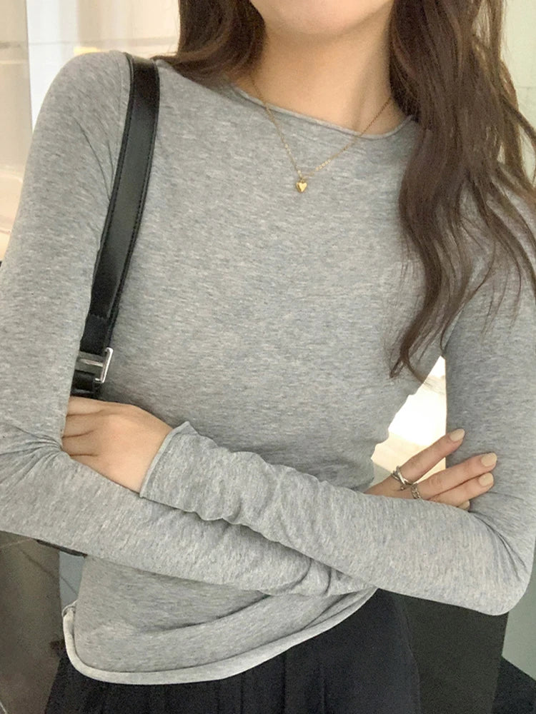 Spring T shirt Women Tops Solid Long Sleeve Ruched O Neck Tshirts Female