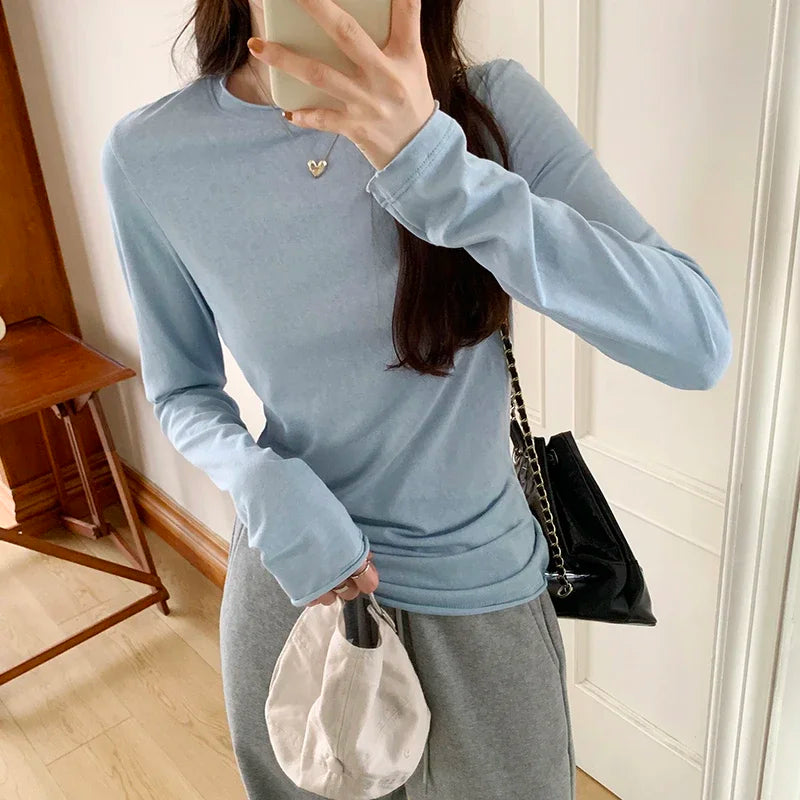 Spring T shirt Women Tops Solid Long Sleeve Ruched O Neck Tshirts Female