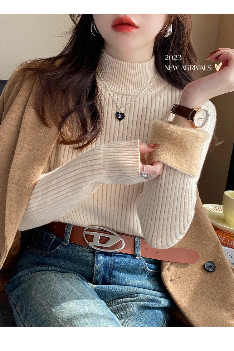 Women's Turtleneck Sweater Winter 2026 Retro with Velvet