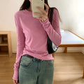 Spring T shirt Women Tops Solid Long Sleeve Ruched O Neck Tshirts Female