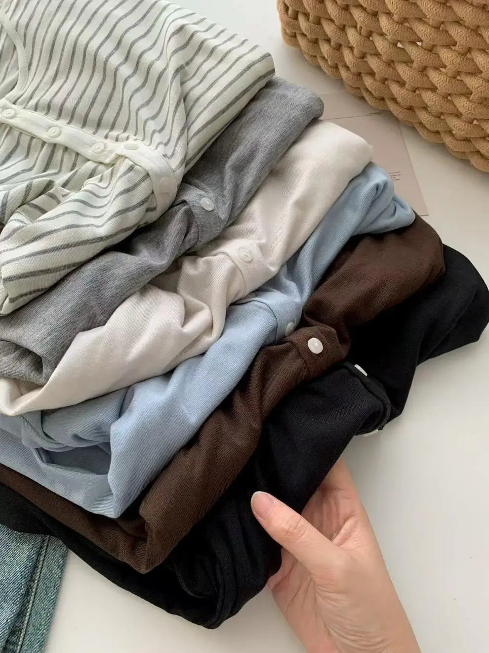 Silk Wool Basic Shirt For Women Autumn Winter Round Button Neck Slim Knitwear