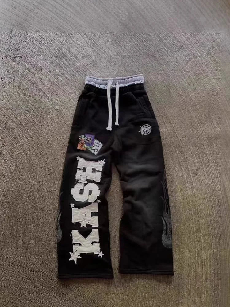 Autumn and winter Fashion High Street Ins Fashion Loose Straight Emboidered Printed Casual Pants