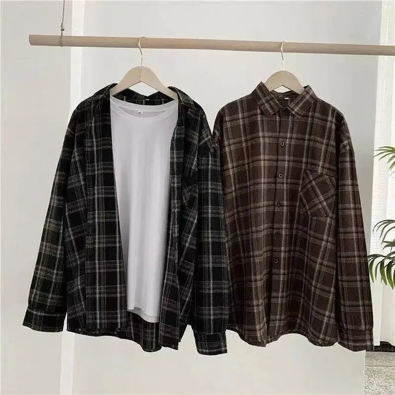 Vintage Plaid Shirts Women Autumn Long Sleeve Oversize Button Up