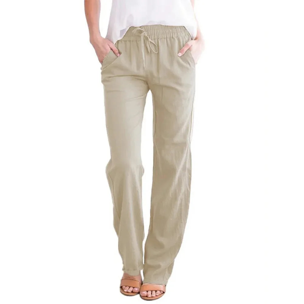 Women 100% Cotton  Drawstring Pants Elastic Waist Casual Solid Color Trousers Baggy