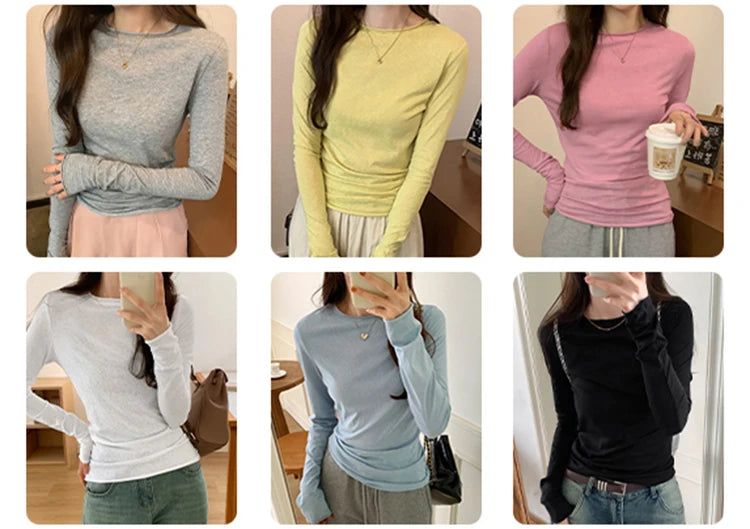 Spring T shirt Women Tops Solid Long Sleeve Ruched O Neck Tshirts Female