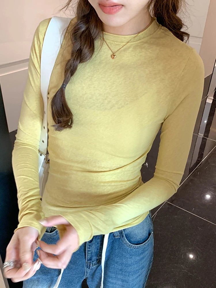 Spring T shirt Women Tops Solid Long Sleeve Ruched O Neck Tshirts Female