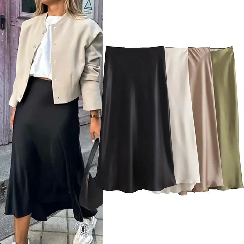 Black Satin skirt Woman High Waist
