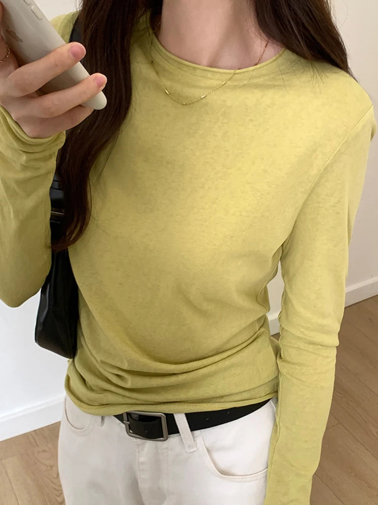 Spring T shirt Women Tops Solid Long Sleeve Ruched O Neck Tshirts Female