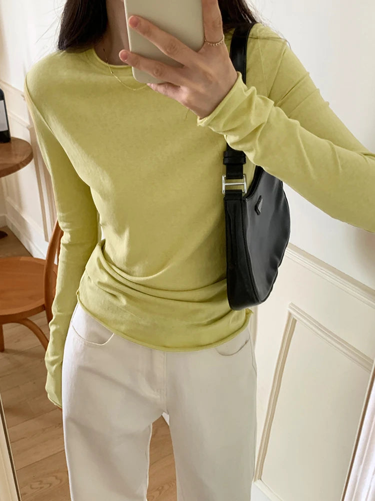 Spring T shirt Women Tops Solid Long Sleeve Ruched O Neck Tshirts Female