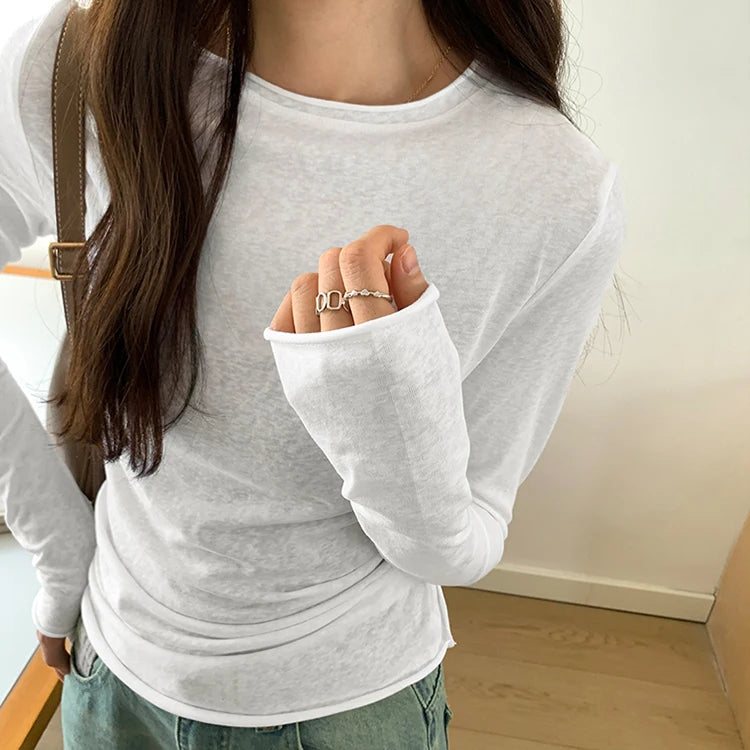 Spring T shirt Women Tops Solid Long Sleeve Ruched O Neck Tshirts Female