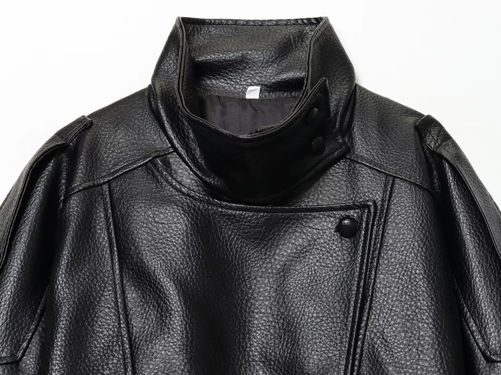 TFMLN Chic Black Faux Leather Jackets Women Long Sleeve