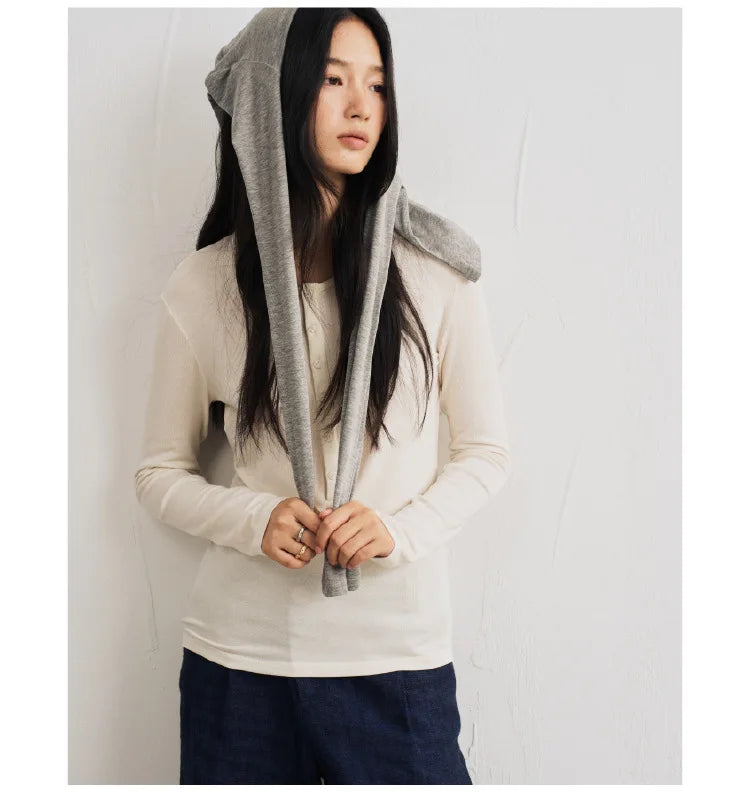 Silk Wool Basic Shirt For Women Autumn Winter Round Button Neck Slim Knitwear