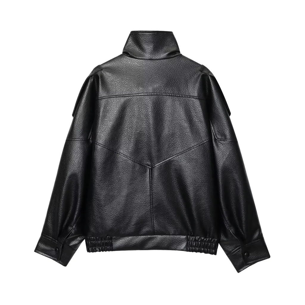 TFMLN Chic Black Faux Leather Jackets Women Long Sleeve