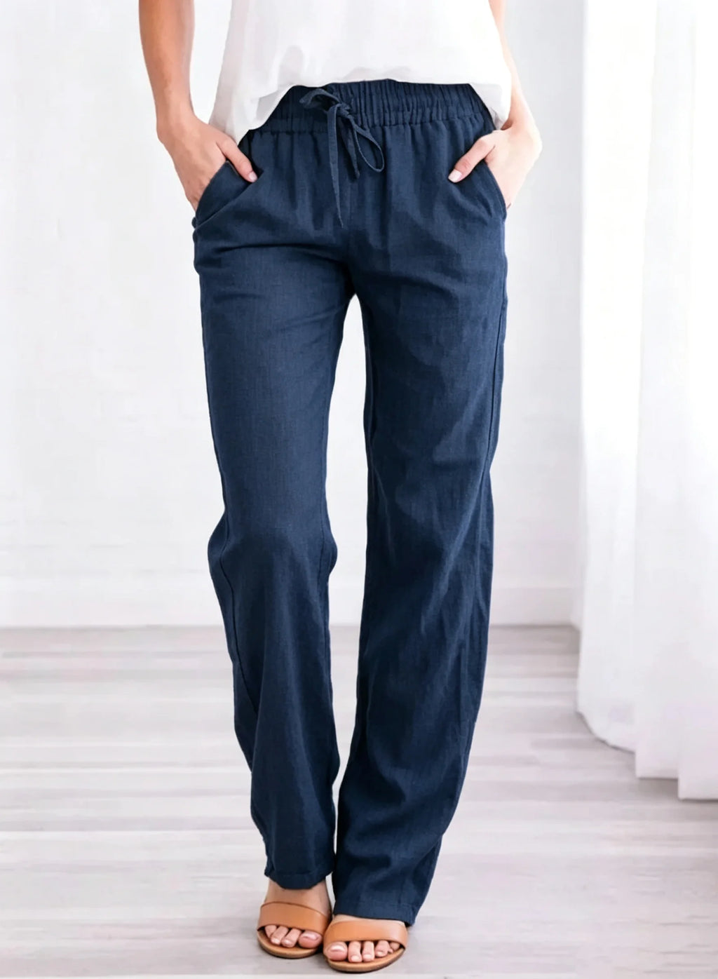 Women 100% Cotton  Drawstring Pants Elastic Waist Casual Solid Color Trousers Baggy